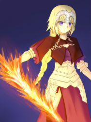 Rule 34 | 1girl, armor, blonde hair, braid, dress, fate/apocrypha, fate/stay night, fate (series), flaming sword, flaming weapon, gauntlets, headpiece, jeanne d&#039;arc (fate), jeanne d&#039;arc (ruler) (fate), long hair, purple eyes, side slit, solo, standing, thighhighs, very long hair, weapon