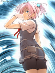 Rule 34 | 10s, 1girl, arm up, bike shorts, black skirt, black vest, blouse, blue eyes, breasts, cowboy shot, from behind, gloves, hair ornament, kantai collection, looking at viewer, looking back, miniskirt, neck ribbon, open mouth, pink hair, pleated skirt, pocket, ponytail, primary stage, red ribbon, ribbon, school uniform, shiranui (kancolle), shirt, short hair, short sleeves, shorts, shorts under skirt, skirt, small breasts, solo, twitter username, vest, white gloves, white shirt