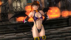 Rule 34 | 1girl, 3d, black hair, breasts, castle, dead or alive, dead or alive 5, demon girl, demon tail, demon wings, fang, female focus, halloween, horns, large breasts, lei fang, official art, solo, tail, tecmo, wings