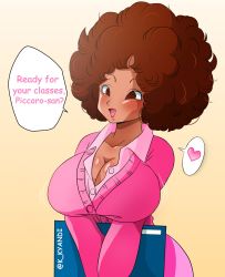 Rule 34 | 1girl, afro, alternate breast size, arms under breasts, artist request, big hair, black hair, blush, bouncing breasts, breasts, brown hair, dark skin, dragon ball, dragon ball super, dragon ball super super hero, heart, highres, janet (dragon ball), large breasts, lipstick, looking at another, looking to the side, makeup, open mouth, shiny skin, simple background, smile, standing, sweater, teacher, wide hips
