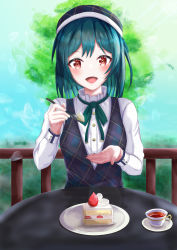 Rule 34 | 1girl, a pure and lovely moment (love live!), absurdres, alternate hairstyle, artist name, artist request, beret, black hair, black hat, blue hair, blue sky, bow, bowtie, braid, branch, breasts, buttons, cake, chair, cloud, cup, dark blue hair, dark green hair, day, dress, food, green bow, hair between eyes, hair ornament, hairclip, hat, highres, holding, holding spoon, long sleeves, looking at viewer, love live!, love live! nijigasaki high school idol club, love live! school idol festival, love live! school idol festival all stars, mifune shioriko, on chair, orange eyes, outdoors, parted lips, plate, puffy long sleeves, puffy sleeves, red eyes, sharp teeth, short hair, single braid, sitting, sky, smile, solo, spoon, table, teacup, teeth, tree, upper body, white bow, white dress