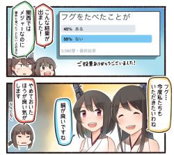 Rule 34 | 10s, 2koma, 5girls, brown eyes, brown hair, closed eyes, comic, commentary request, death flag, detached sleeves, fubuki (kancolle), fusou (kancolle), gradient background, hair between eyes, hair ornament, ido (teketeke), japanese clothes, kantai collection, long hair, looking at another, low ponytail, multiple girls, nontraditional miko, open mouth, red eyes, ryuujou (kancolle), short hair, sidelocks, smile, sweatdrop, translation request, twintails, visor cap, what, yamashiro (kancolle)
