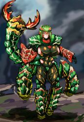 Rule 34 | 1girl, :|, armor, arthropod girl, arthropod limbs, blush, breasts, closed mouth, commentary request, greaves, green hair, highres, large breasts, looking at viewer, medium hair, monster girl, monster hunter (series), pincers, seltas queen, serious, shoulder armor, solo, standing, tagme, tail, udetamago, yellow eyes