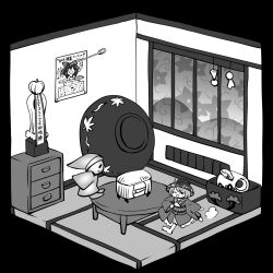 Rule 34 | 1girl, 1other, barefoot, bowl, bowl hat, box, closed eyes, commentary request, drawer, dust cloud, full body, greyscale, hakurei reimu, hat, highres, imijikumo36, indoors, isometric, japanese clothes, kimono, little green men, long sleeves, medium bangs, mini person, minigirl, miracle mallet, monochrome, needle, obi, open mouth, poster (object), running, sash, sewing needle, short hair, smile, sukuna shinmyoumaru, table, tatami, teruterubouzu, touhou, wide sleeves