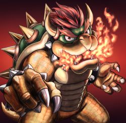 Rule 34 | 1boy, amuno, bowser, claws, collar, fire, horns, male focus, mario (series), monster, nintendo, red eyes, red hair, scales, solo, spiked collar, spikes, super mario bros. 1, super mario bros. 3, teeth