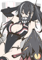Rule 34 | 1girl, armpits, arms up, artist name, azur lane, bandana, bandana over mouth, bikini, black gloves, black hair, black panties, breasts, cleavage, covered mouth, covered navel, cross, earrings, elbow gloves, gloves, highres, iron cross, jewelry, large breasts, leotard, long hair, looking at viewer, multicolored hair, one-piece swimsuit, panties, panties under swimsuit, red eyes, scarf, side ponytail, solo, streaked hair, swimsuit, taira yuuki, u-47 (azur lane), underwear, white hair, zipper