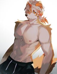 Rule 34 | 1boy, abs, arknights, axianorange, black shorts, colored tips, furry, furry male, highres, horns, hung (arknights), komainu boy, komainu ears, komainu tail, looking at viewer, male focus, multicolored hair, nipples, pectorals, shorts, single horn, smile, toned, toned male, topless male, yellow eyes