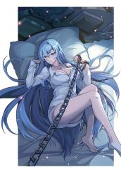Rule 34 | 1girl, akame ga kill!, barefoot, bed sheet, blue eyes, blue hair, blush, border, breasts, chain, chain leash, cleavage, closed mouth, collarbone, dress shirt, esdeath, from above, full body, hair between eyes, highres, holding, holding chain, k12io, large breasts, leash, long hair, long sleeves, looking at viewer, lying, naked shirt, on back, outside border, pillow, pov, shirt, smile, soles, solo, very long hair, viewer on leash, white border, white shirt