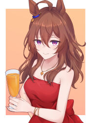 Rule 34 | 1girl, absurdres, ahoge, alternate costume, animal ears, back bow, bare shoulders, border, bow, bracelet, breasts, brown background, brown hair, carrot juice, cleavage, closed mouth, commentary request, cup, dress, ear ornament, hair between eyes, hand on own hip, highres, holding, holding cup, horse ears, horse girl, jewelry, juice, long hair, looking at viewer, medium breasts, nakayama festa (umamusume), necklace, pitsugi, purple eyes, red bow, red dress, smile, solo, umamusume, white border