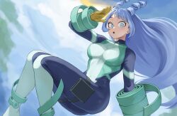 Rule 34 | 1girl, :o, absurdres, blue bodysuit, blue eyes, blue hair, bodysuit, boku no hero academia, day, drill hair, fengling (furin-jp), floating, gloves, green bodysuit, hadou nejire, hair horns, hand up, highres, knees up, long hair, looking at viewer, midair, multicolored bodysuit, multicolored clothes, outdoors, skin tight, solo, superhero costume, twin drills, very long hair, yellow gloves