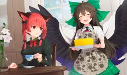 Rule 34 | 2girls, ahoge, animal ears, animal print, apron, bird print, black bow, blue sky, blush, bow, bowtie, braid, breasts, brown hair, cake, cat ears, chair, chick print, cloak, closed eyes, collared shirt, commentary request, cup, curtains, dress, drink, flower, food, frills, gradient sky, green bow, green dress, green skirt, grey apron, hair between eyes, hair bow, hand up, hands up, highres, indoors, jar, juliet sleeves, kaenbyou rin, kanpa (campagne 9), leaf, long hair, long sleeves, looking at another, medium breasts, multiple girls, night, night sky, open mouth, plate, puffy short sleeves, puffy sleeves, purple sky, red bow, red bowtie, red eyes, red hair, reiuji utsuho, shirt, short sleeves, sitting, skirt, sky, smile, space, space print, standing, star (sky), star (symbol), star print, starry sky, starry sky print, sweat, sweatdrop, table, teeth, third eye, tongue, touhou, tray, tree, twin braids, wall, white cloak, white flower, white shirt, window, wings