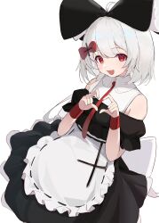 Rule 34 | 1girl, absurdres, apron, ayaha 4780828, bare shoulders, black bow, black dress, bow, commentary request, dress, hair bow, heart, heart hands, highres, looking at viewer, off-shoulder dress, off shoulder, open mouth, original, red bow, red eyes, shirt, simple background, smile, solo, upper body, white apron, white background, white hair, white shirt