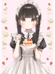 Rule 34 | 1girl, :o, absurdres, apron, black hair, blunt bangs, blush, braid, brown eyes, cake, cake slice, eating, food, frilled apron, frills, highres, long hair, looking at viewer, m ydayo, maid, maid apron, maid headdress, open mouth, original, short sleeves, signature, solo, standing, strawberry shortcake, twin braids, upper body