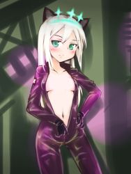 Rule 34 | 1girl, animal ears, biker clothes, bikesuit, blonde hair, bodysuit, breasts, cat ears, cleavage, gloves, green eyes, heinrike prinzessin zu sayn-wittgenstein, highres, hirschgeweih antennas, hourai kochou, long hair, navel, no bra, noble witches, small breasts, solo, strike witches, tail, unzipped, unzipping, world witches series, zipper