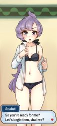 Rule 34 | 1girl, anabel (pokemon), black bra, black panties, black ribbon, blush, bow, bow bra, bow panties, bra, breasts, character name, creatures (company), earrings, english text, game freak, hair ribbon, highres, jewelry, long hair, long sleeves, looking at viewer, low ponytail, monorus, navel, nintendo, open clothes, open shirt, panties, pokemon, pokemon sm, ponytail, pov, purple eyes, purple hair, ribbon, shirt, small breasts, solo, underwear, undressing, white shirt