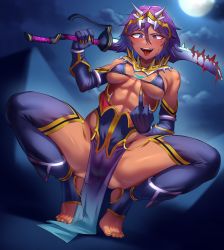 Rule 34 | 1girl, abs, absurdres, black gloves, blood, bloody weapon, breasts, breasts apart, commission, fingernails, gloves, highres, holding, holding sword, holding weapon, looking at viewer, medium breasts, middle finger, mole, mole under eye, muscular, muscular female, nail polish, original, purple eyes, purple hair, sharp fingernails, sharp teeth, short hair, skeb commission, solo, spread legs, squatting, sword, teeth, toin (iitoin), tongue, tongue out, upper teeth only, weapon, yellow nails