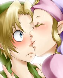 Rule 34 | 1boy, 1girl, blonde hair, blue eyes, blush, couple, closed eyes, hat, hetero, kiss, link, nintendo, pointy ears, princess zelda, short hair, smile, surprised, the legend of zelda, the legend of zelda: ocarina of time, wasabi (legemd), young link, young zelda, aged down