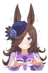 Rule 34 | 1girl, absurdres, animal ears, artist name, blush, bow, brown hair, commentary request, grey background, hair over one eye, highres, horse ears, horse girl, long hair, long sleeves, looking at viewer, mukakin, open mouth, purple eyes, purple headwear, purple shirt, rice shower (umamusume), sailor collar, school uniform, shirt, simple background, solo, tilted headwear, tracen school uniform, umamusume, upper body, very long hair, white bow, winter uniform
