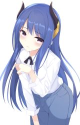 Rule 34 | 1girl, absurdres, blue hair, blush, commentary request, cowboy shot, denim, highres, horns, leaning forward, long hair, long sleeves, looking at viewer, princess connect!, purple eyes, rei (princess connect!), simple background, solo, white background, zeatto