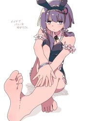 Rule 34 | 1girl, alternate costume, animal ears, apron, arm strap, bare legs, barefoot, blush, bracelet, breasts, cleavage, closed mouth, detached collar, frilled hairband, frilled shirt collar, frilled straps, frills, full body, hairband, half-closed eyes, jewelry, leotard, looking at viewer, maid, medium breasts, outstretched arms, outstretched leg, own hands together, playboy bunny, purple eyes, purple hair, rabbit ears, sakadakei, short hair with long locks, simple background, sitting, solo, strapless, strapless leotard, translation request, unconventional maid, vocaloid, voiceroid, waist apron, white background, yuzuki yukari