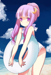 Rule 34 | 1girl, alternate hairstyle, bad id, bad pixiv id, bare shoulders, beach, cloud, crescent, crescent hair ornament, eyebrows, female focus, frilled swimsuit, frills, hair ornament, innertube, izumi minami, jitome, leaning forward, long hair, ocean, patchouli knowledge, pink hair, ponytail, purple eyes, purple hair, solo, swim ring, swimsuit, touhou