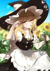 Rule 34 | 1girl, apron, black dress, blonde hair, blue sky, bow, braid, buttons, day, dress, field, flower, flower field, frilled dress, frills, garden, hair bow, hat, hat bow, hose, kerok (joniko1110), kirisame marisa, long hair, outdoors, puffy sleeves, short sleeves, side braid, sky, smile, sunflower, sunflower field, touhou, waist apron, watering, white bow, witch hat, yellow eyes