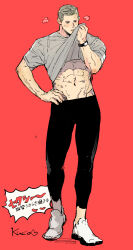 Rule 34 | 1boy, abs, artist name, bara, black pants, blush, brown hair, clothes lift, grey shirt, highres, kuconoms, male focus, muscular, muscular male, navel, pants, piers nivans, red background, resident evil, resident evil 6, shirt, shirt lift, short hair, simple background, solo, translation request, watch, white footwear, wristwatch