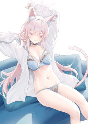 Rule 34 | 1girl, akira (blue archive), animal ear fluff, animal ears, blue archive, blue bra, blue panties, bra, breasts, cat tail, cirilla lin, halo, highres, long hair, looking at viewer, medium breasts, open clothes, open shirt, panties, pink hair, red eyes, shirt, solo, tail, thighs, underwear, white hair, white shirt
