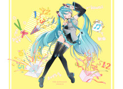 Rule 34 | 1girl, agonasubi, animal ears, anniversary, aqua hair, aqua nails, aqua necktie, arrow (symbol), bare shoulders, beamed eighth notes, black skirt, black sleeves, black thighhighs, boots, box, cat ears, closed eyes, confetti, dated, detached sleeves, full body, gift, gift box, grey shirt, hair ornament, hand up, hatsune miku, headphones, headset, icon (computing), index finger raised, knees together feet apart, long hair, miniskirt, musical note, nail polish, necktie, party popper, pleated skirt, ribbon, romaji text, shirt, shoulder tattoo, skirt, sleeveless, sleeveless shirt, solo, spring onion, tattoo, thigh boots, thighhighs, translated, twintails, very long hair, vocaloid, w, whiskers, yellow background, zettai ryouiki