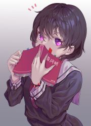 Rule 34 | 1girl, black hair, black shirt, book, commentary request, covered mouth, grey background, hair between eyes, highres, holding, holding book, long sleeves, looking at viewer, nail polish, original, pink nails, pink neckwear, purple eyes, school uniform, serafuku, shirt, short hair, simple background, solo, wangxiii