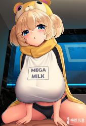Rule 34 | 1girl, :o, absurdres, animal hood, arm support, black shorts, blonde hair, blue eyes, blush, breasts, cape, chestnut mouth, ella of the sky, english text, from below, hair between eyes, hamster hood, hanging breasts, head tilt, highres, hood, huge breasts, indoors, kaedeno yuu, last origin, leaning forward, looking at viewer, looking down, mega milk, meme attire, oppai loli, pov, shirt, short hair, short shorts, short twintails, shorts, signature, sitting, sitting on person, solo focus, spread legs, thick thighs, thighs, twintails, white shirt
