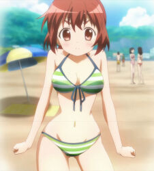 Rule 34 | 2boys, 3girls, annoyed, bare shoulders, beach, beach towel, beach umbrella, bikini, blush, breasts, building, clenched hands, closed mouth, cloud, day, dot nose, frown, highres, inokuma youko, kin-iro mosaic, legs, looking at viewer, male swimwear, medium breasts, medium hair, multiple boys, multiple girls, navel, non-web source, one-piece swimsuit, red eyes, red hair, sand, sky, standing, stitched, striped bikini, striped clothes, swim trunks, swimsuit, third-party edit, towel, umbrella, yellow male swimwear, yellow swim trunks
