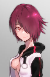 Rule 34 | 1girl, arknights, black jacket, breasts, collarbone, commentary request, exusiai (arknights), grey background, hair over one eye, highres, jacket, looking at viewer, medium breasts, no bra, open clothes, open jacket, red eyes, red hair, short hair, simple background, smile, solo, upper body, white jacket, yamauchi (conan-comy)