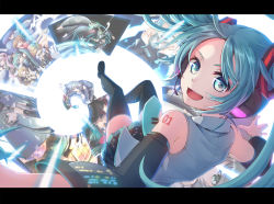 Rule 34 | anniversary, aqua eyes, aqua hair, aqua necktie, arched back, bare shoulders, black legwear, blouse, detached sleeves, forehead, foreshortening, from above, grey shirt, hatsune miku, headphones, imo bouya, kagamine len, kagamine rin, kaito (vocaloid), letterboxed, looking at viewer, looking back, megurine luka, meiko (vocaloid), necktie, open mouth, over shoulder, pleated skirt, shirt, simple background, skirt, smile, thighhighs, twintails, v-shaped eyebrows, vocaloid, white background