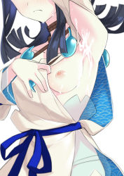 Rule 34 | 1girl, armpits, blue hair, blue ribbon, breasts, choker, cum, cum on armpits, cum on body, cum on breasts, cum on upper body, dark blue hair, fate/grand order, fate (series), female focus, hands up, head out of frame, highres, medium breasts, morisobo, nipples, ribbon, shirt, solo, utsumi erice, white shirt