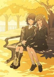 Rule 34 | 2girls, :d, ^ ^, ankle socks, bench, black footwear, black sailor collar, black serafuku, black shirt, black skirt, black socks, blouse, blush, brown hair, buttons, closed eyes, closed mouth, collared shirt, commentary request, dappled sunlight, day, full body, hand on own chin, hand to own mouth, happy, kneehighs, laughing, long hair, long sleeves, looking at another, multiple girls, nahara saki, on bench, open mouth, original, outdoors, park, park bench, plant, pleated skirt, purple eyes, sailor collar, school uniform, serafuku, shirt, shoes, short hair, sitting, skirt, skirt set, smile, socks, sunlight, tree, under tree, v arms, white shirt, white socks, yellow theme