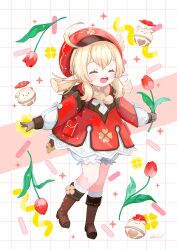 Rule 34 | 1girl, ^ ^, ahoge, ankle boots, bandaid, blonde hair, bloomers, boots, brown footwear, brown gloves, cabbie hat, child, closed eyes, clover, clover print, dress, flower, four-leaf clover, full body, genshin impact, gloves, gold trim, hair between eyes, hat, highres, holding, holding flower, jumpy dumpty, klee (genshin impact), kneehighs, light blush, long sleeves, low twintails, medium hair, open mouth, outstretched arms, patterned background, pink background, pocket, pointy ears, pom pom (clothes), puffy long sleeves, puffy sleeves, red dress, red hat, sidelocks, signature, smile, socks, sparkle, standing, standing on one leg, star (symbol), teeth, tulip, twintails, underwear, upper teeth only, white bloomers, white socks, yutukicom
