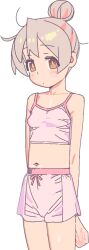 Rule 34 | 1girl, absurdres, arms behind back, bare shoulders, breasts, bright pupils, brown eyes, camisole, closed mouth, cowboy shot, crop top, dot mouth, double-parted bangs, expressionless, grey hair, hair bun, highres, imamura ryou, light blush, light brown hair, messy hair, midriff, navel, onii-chan wa oshimai!, oyama mahiro, pajamas, pink camisole, pink pajamas, pink shorts, short shorts, shorts, simple background, single hair bun, small breasts, solo, white background