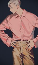 Rule 34 | 1boy, alternate costume, black background, brown pants, buttons, collared shirt, cowboy shot, dress shirt, eyebrows, eyelashes, green eyes, grey hair, haiba lev, haikyuu!!, hands on own hips, long sleeves, looking to the side, male focus, pants, pink shirt, shirt, short hair, simple background, solo, standing, yuu chitose
