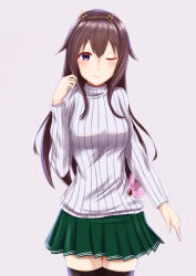 Rule 34 | 01021235, 1girl, absurdres, breasts, brown hair, green skirt, hair between eyes, hair ornament, highres, kantai collection, kisaragi (kancolle), kisaragi kai ni (kancolle), long hair, one eye closed, purple eyes, ribbed sweater, skirt, small breasts, sweater, thighhighs, white background