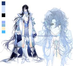 Rule 34 | 1boy, angel, black hair, blue eyes, blue vest, can, cape, chinese commentary, color guide, commentary request, earrings, gem, grey pants, gundongdejie, holding, holding can, jewelry, long hair, long sleeves, looking at viewer, lord of the mysteries, mr. door, pants, ring, solo, vest, watermark, web address, white cape, white footwear