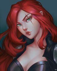 Rule 34 | 1girl, absurdres, black jacket, breasts, closed mouth, collarbone, gradient background, green eyes, grey background, highres, jacket, jir jir (gihigashi), katarina (league of legends), large breasts, league of legends, long hair, red hair, red lips, scar, scar across eye, solo, translation request, upper body
