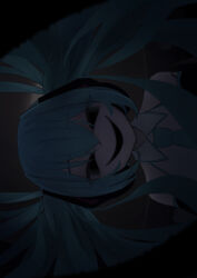 Rule 34 | 1girl, absurdres, aqua hair, aqua necktie, bare shoulders, black background, black eyes, black mouth, commentary, dark, evil smile, grey shirt, hatsune miku, highres, horror (theme), kinosuke (pattaba), long hair, looking at viewer, necktie, open mouth, shirt, sideways, sleeveless, sleeveless shirt, smile, solo, twintails, upper body, vocaloid