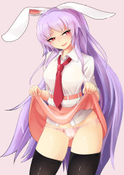 Rule 34 | 1girl, :d, animal ears, belt, black thighhighs, blush, cameltoe, clothes lift, commentary request, cowboy shot, gluteal fold, grey background, groin, head tilt, highres, lifted by self, long hair, long sleeves, looking at viewer, miniskirt, nama shirasu, necktie, open mouth, panties, pink belt, pink panties, pink skirt, purple hair, rabbit ears, red eyes, red necktie, reisen udongein inaba, shirt, side-tie panties, simple background, skirt, skirt lift, smile, solo, standing, thighhighs, thighs, touhou, underwear, very long hair, white shirt, wing collar