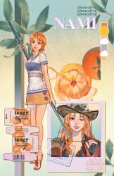Rule 34 | 2girls, arm tattoo, artist name, brand name imitation, character name, commentary, cowboy hat, earrings, english commentary, english text, food, fruit, full body, hat, highres, holding, holding polearm, holding weapon, jewelry, long hair, mandarin orange, multiple girls, nami (one piece), one eye closed, one piece, phoneafrog, photo (object), polearm, shirt, short hair, short sleeves, smile, standing, tattoo, weapon