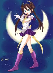 Rule 34 | 1girl, absurdres, bishoujo senshi sailor moon, blue eyes, boots, brown hair, choker, creatures (company), crescent moon, double bun, elbow gloves, female focus, full body, game freak, gloves, hair bun, hair ornament, highres, knee boots, long hair, looking at viewer, magical girl, moon, nintendo, open mouth, pleated skirt, pointing, pokemon, pokemon bw2, purple choker, purple footwear, purple skirt, rosa (pokemon), school uniform, serafuku, shirt, skirt, sky, solo, standing, star (sky), starry sky, twintails, white gloves, white shirt, ziox