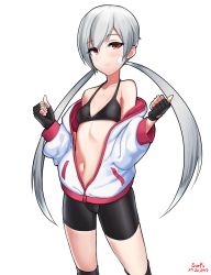 Rule 34 | 1girl, artist name, bad id, bad pixiv id, bandaid, bandaid on face, bike shorts, black bra, black gloves, blush, bra, breasts, closed mouth, closers, commentary, cowboy shot, dated, fingerless gloves, gloves, grey background, grey hair, hands up, hood, hoodie, long hair, looking at viewer, navel, partially unzipped, red eyes, signature, simple background, small breasts, solo, surps, sweat, tina (closers), twintails, underwear