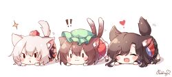 Rule 34 | !, !!, 3girls, animal ears, artist name, autumn leaves, black eyes, black skirt, blouse, blush, boots, brown eyes, brown footwear, brown hair, cat ears, cat tail, chen, closed eyes, closed mouth, dress, earrings, green headwear, hair between eyes, hat, heart, highres, imaizumi kagerou, inubashiri momiji, jewelry, leaf, leaf print, long hair, long sleeves, looking to the side, mob cap, multiple girls, multiple tails, open mouth, pudding (skymint 028), red dress, red headwear, red skirt, shadow, shirt, shoes, short hair, simple background, single earring, skirt, smile, socks, star (symbol), tail, teeth, tokin hat, tongue, touhou, two tails, white background, white footwear, white hair, white shirt, white sleeves, wide sleeves, wolf ears, wolf tail