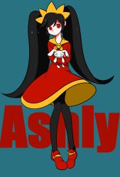 Rule 34 | 1girl, ashley (warioware), big hair, black hair, black pantyhose, brooch, character name, commentary, dress, full body, hairband, highres, holding, holding stuffed toy, jewelry, long hair, long sleeves, looking at viewer, nintendo, orange hairband, otoki, pantyhose, red dress, red eyes, red footwear, shoes, skull, solo, standing, stuffed animal, stuffed rabbit, stuffed toy, twintails, typo, very long hair, warioware