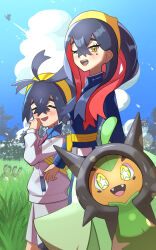 Rule 34 | 1boy, 1girl, ;d, belt buckle, black hair, blue shirt, brother and sister, buckle, carmine (pokemon), cloud, commentary request, creatures (company), day, eyelashes, fanny pack, game freak, gen 2 pokemon, grass, hairband, hand up, highres, ho-oh, inana umi, jacket, kieran (pokemon), legendary pokemon, long hair, long sleeves, mole, mole under eye, multicolored hair, necktie, nintendo, ogerpon, ogerpon (teal mask), one eye closed, open mouth, outdoors, pokemon, pokemon (creature), pokemon sv, sentret, shirt, shorts, siblings, silhouette, sky, smile, standing, star-shaped pupils, star (symbol), symbol-shaped pupils, teeth, tongue, two-tone hair, upper teeth only, white bag, yellow bag, yellow eyes, yellow hairband